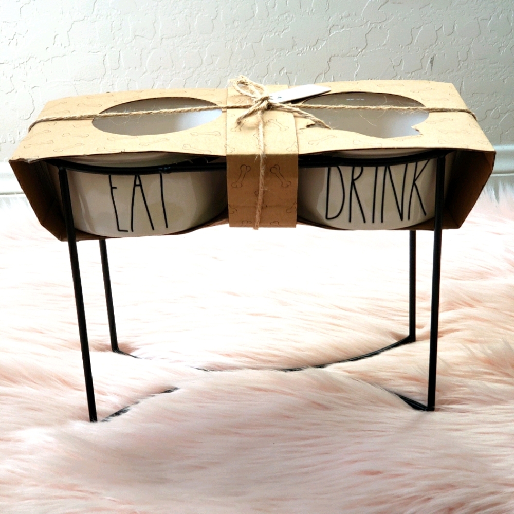 Rae Dunn Pet Feeder "Eat Drink" Pet Bowls on Stand